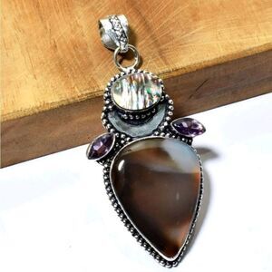 Montana Agate Abalone Shell Ethnic Handmade Pendant 2.94"